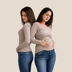 Mulher com a barriga inchada tentando entender o que pode ser a causa do inchaço